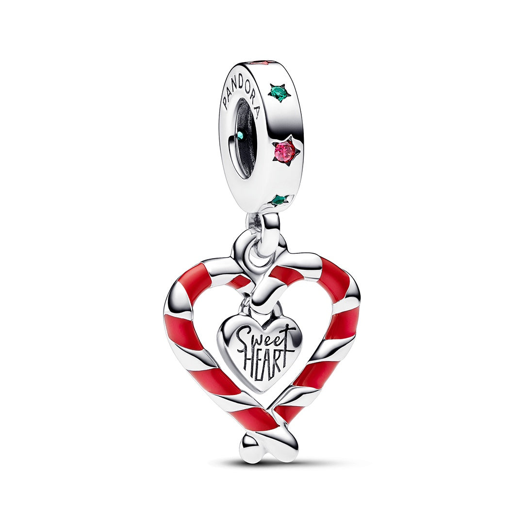Double Candy Cane Heart Christmas Dangle Charm